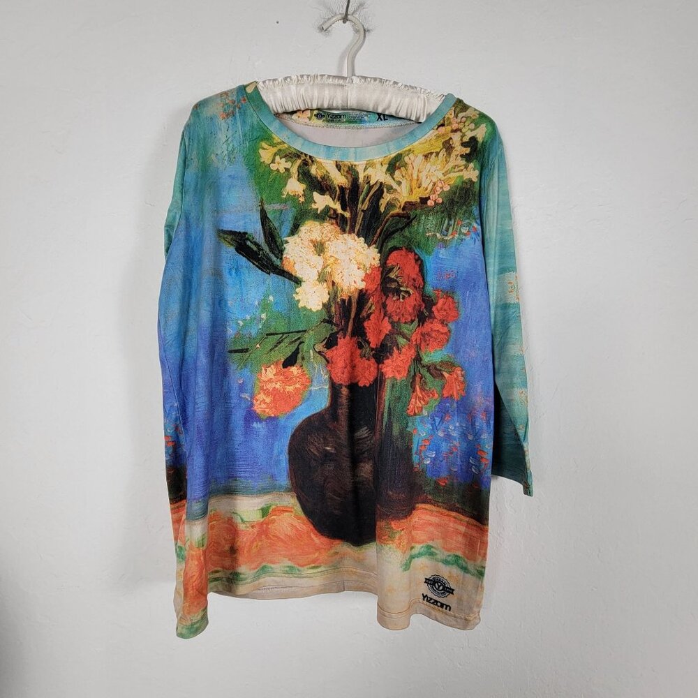 Yizzam Womens "Vase Of Flowers" 3/4 Sleeve Top XL Colorful Boho Casual Stretch